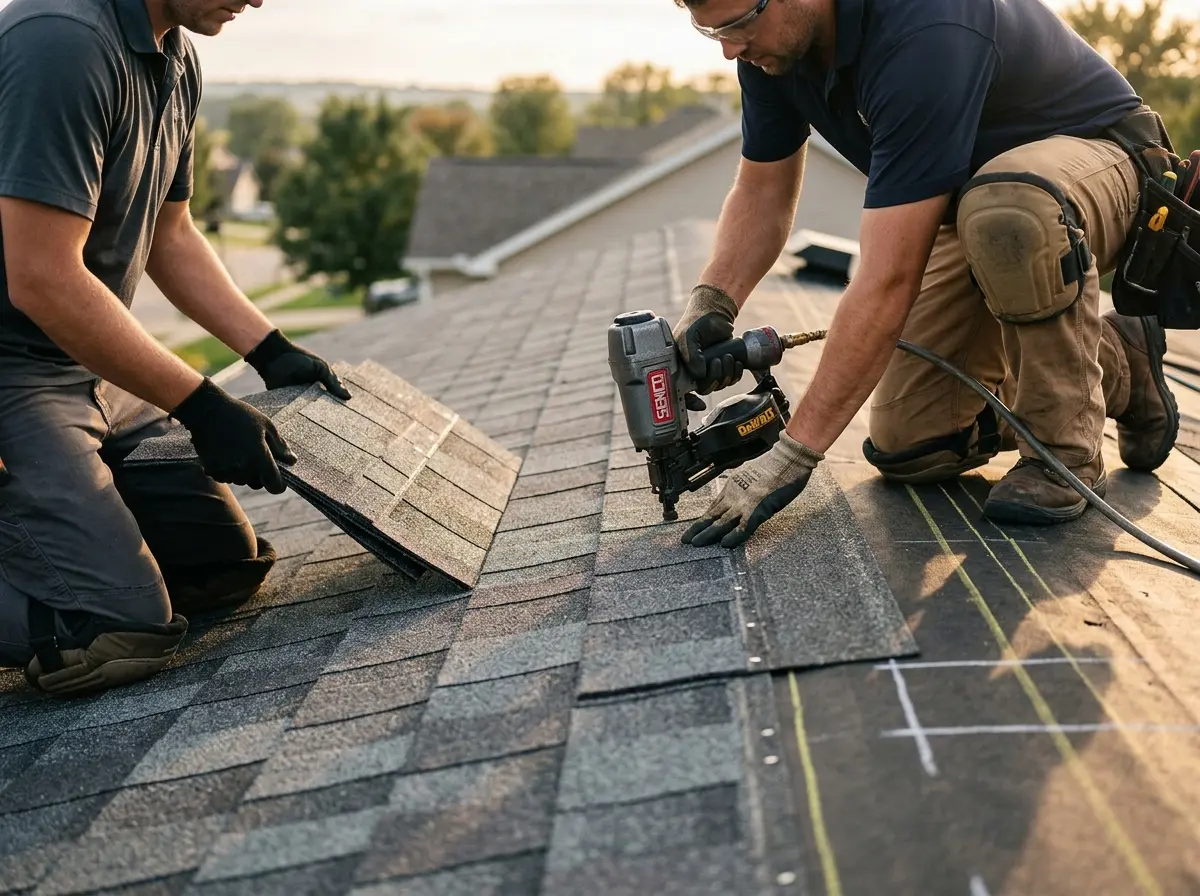 Professional roofer working on a residential roof in East St. Louis